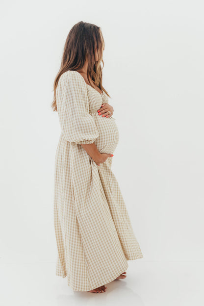 Cecilia 100% Cotton Smocked Maxi Dress in Natural Plaid - Bump Friendly