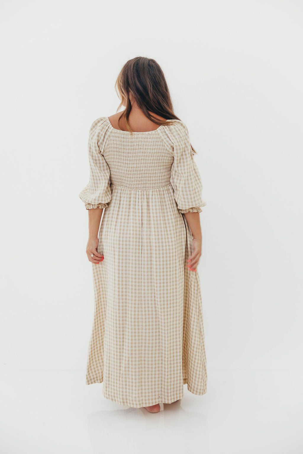 Cecilia 100% Cotton Smocked Maxi Dress in Natural Plaid - Bump Friendly
