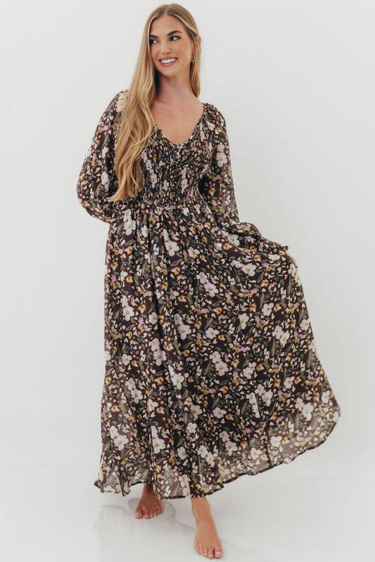 Luann Floral Maxi Dress in Mocha Mousse (No Restock)
