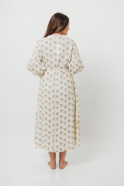 Hunter 100% Cotton Gauze Maxi Dress with Detail Trimming in Cream Taupe Floral - Bump Friendly and Inclusive Sizing