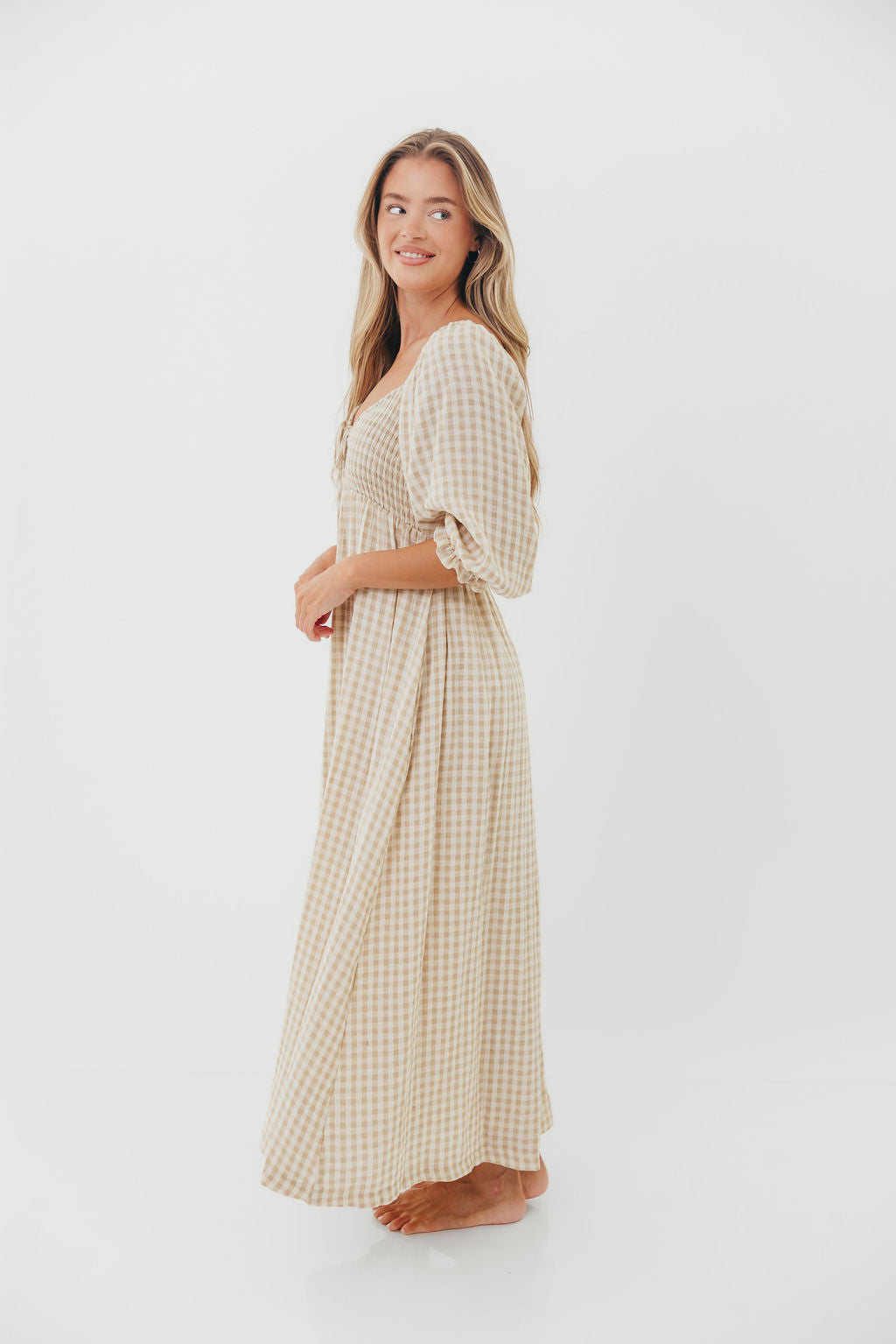 Cecilia 100% Cotton Smocked Maxi Dress in Natural Plaid - Bump Friendly