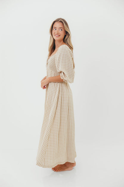 Cecilia 100% Cotton Smocked Maxi Dress in Natural Plaid - Bump Friendly