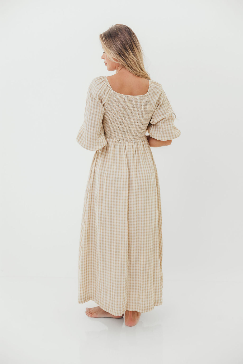 Cecilia 100% Cotton Smocked Maxi Dress in Natural Plaid - Bump Friendly