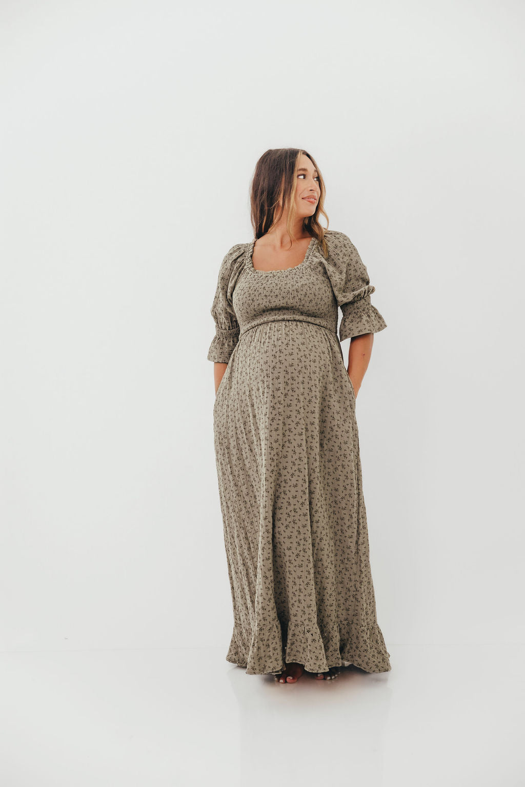 Sienna 100% Cotton Puff Sleeve Maxi Dress in Olive Foliage - Bump Friendly