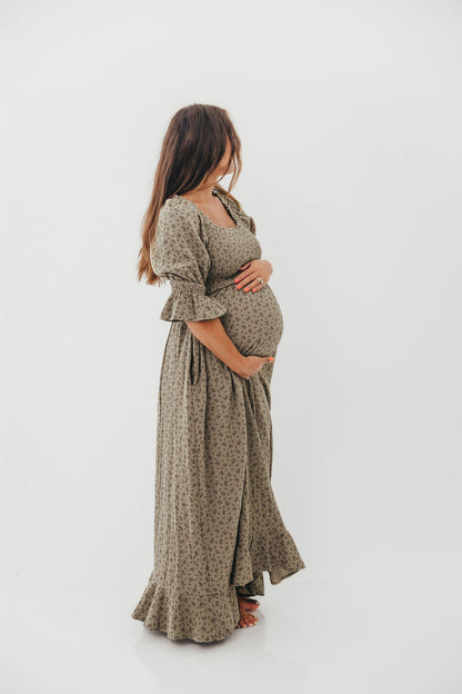 Sienna 100% Cotton Puff Sleeve Maxi Dress in Olive Foliage - Bump Friendly