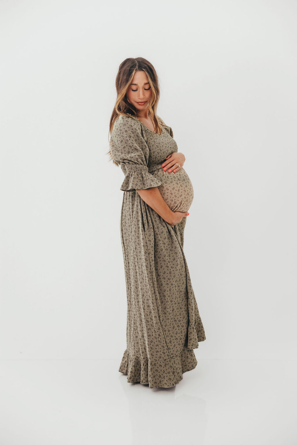 Sienna 100% Cotton Puff Sleeve Maxi Dress in Olive Foliage - Bump Friendly