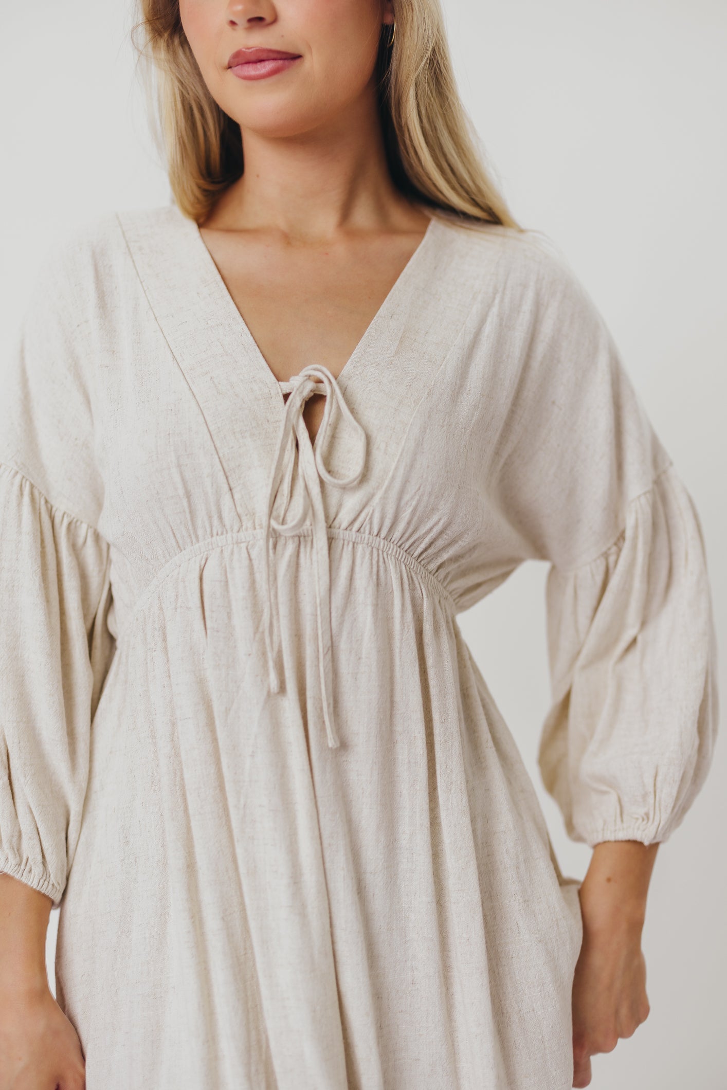 Hunter Linen-Blend Midi Dress in Greige - Bump Friendly
