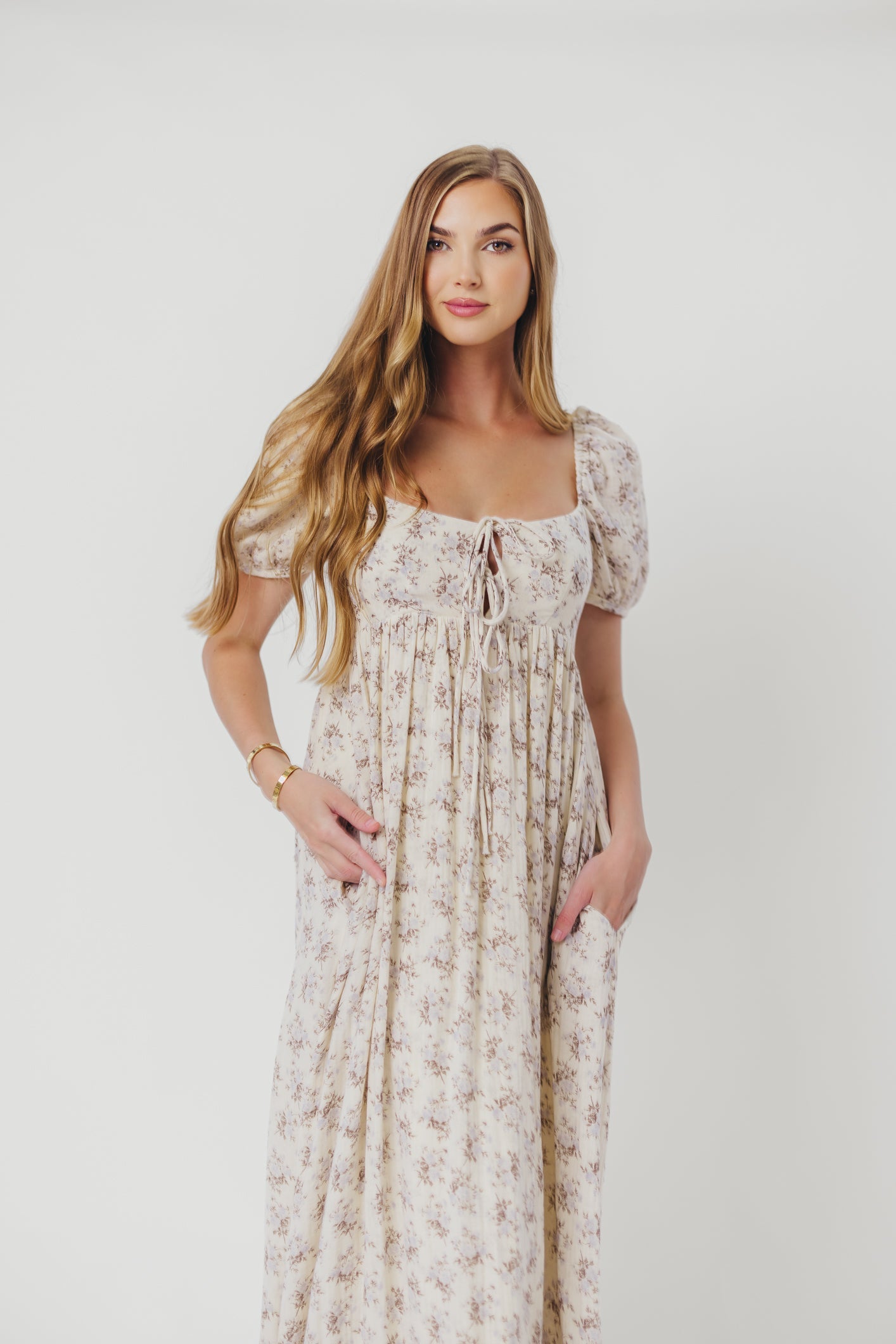 Haven 100% Cotton Tie-Front Maxi Dress in Blue/Brown Floral - Bump Friendly