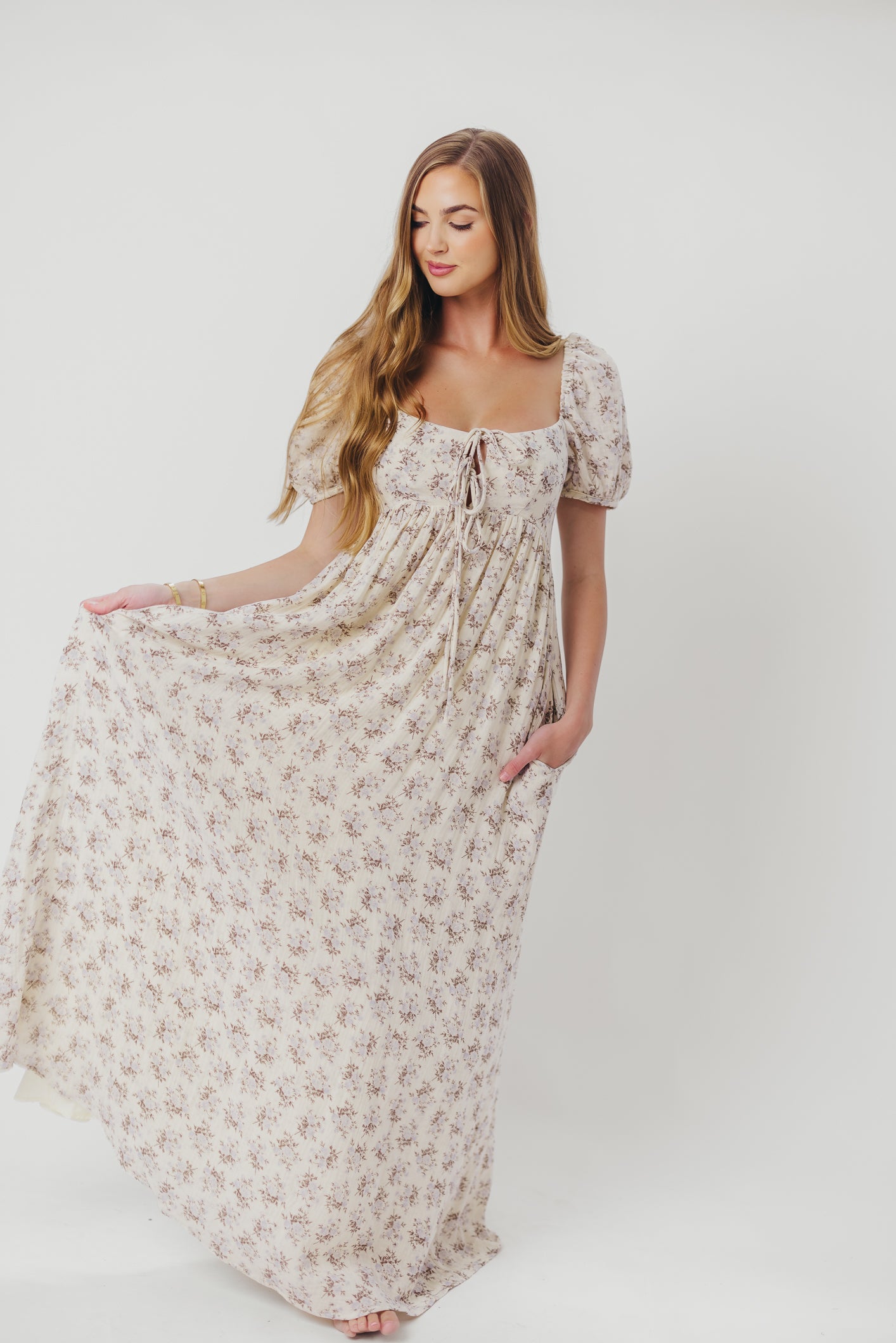 Haven 100% Cotton Tie-Front Maxi Dress in Blue/Brown Floral - Bump Friendly