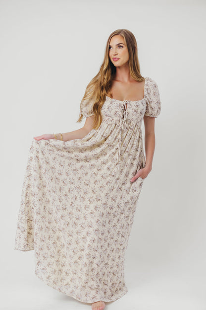 Haven 100% Cotton Tie-Front Maxi Dress in Blue/Brown Floral - Bump Friendly