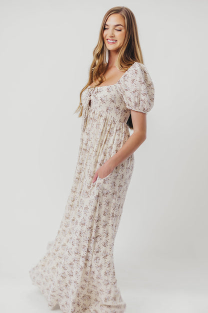 Haven 100% Cotton Tie-Front Maxi Dress in Blue/Brown Floral - Bump Friendly