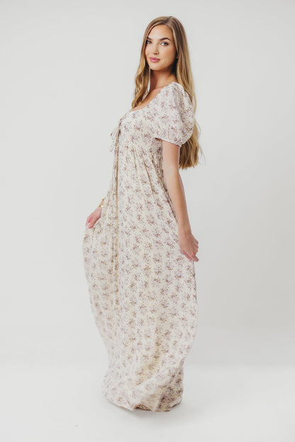 Haven 100% Cotton Tie-Front Maxi Dress in Blue/Brown Floral - Bump Friendly