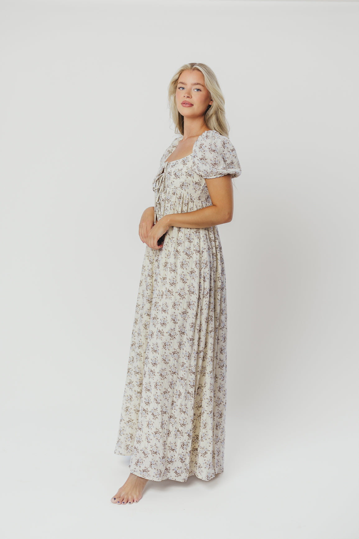 Haven 100% Cotton Tie-Front Maxi Dress in Blue/Brown Floral - Bump Friendly