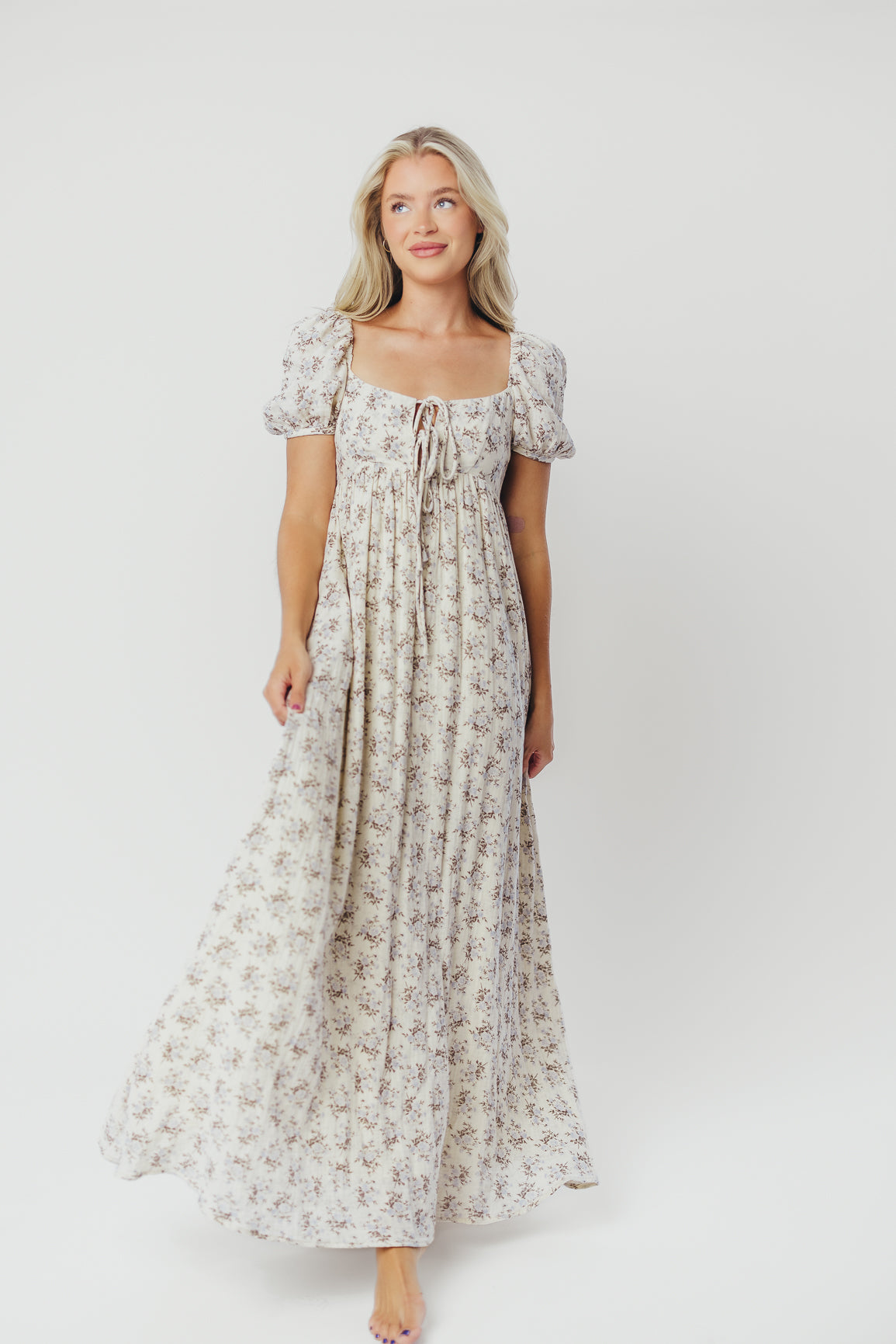 Haven 100% Cotton Tie-Front Maxi Dress in Blue/Brown Floral - Bump Friendly