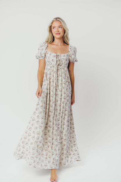 Haven 100% Cotton Tie-Front Maxi Dress in Blue/Brown Floral - Bump Friendly