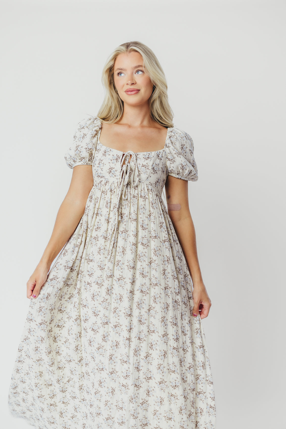 Haven 100% Cotton Tie-Front Maxi Dress in Blue/Brown Floral - Bump Friendly