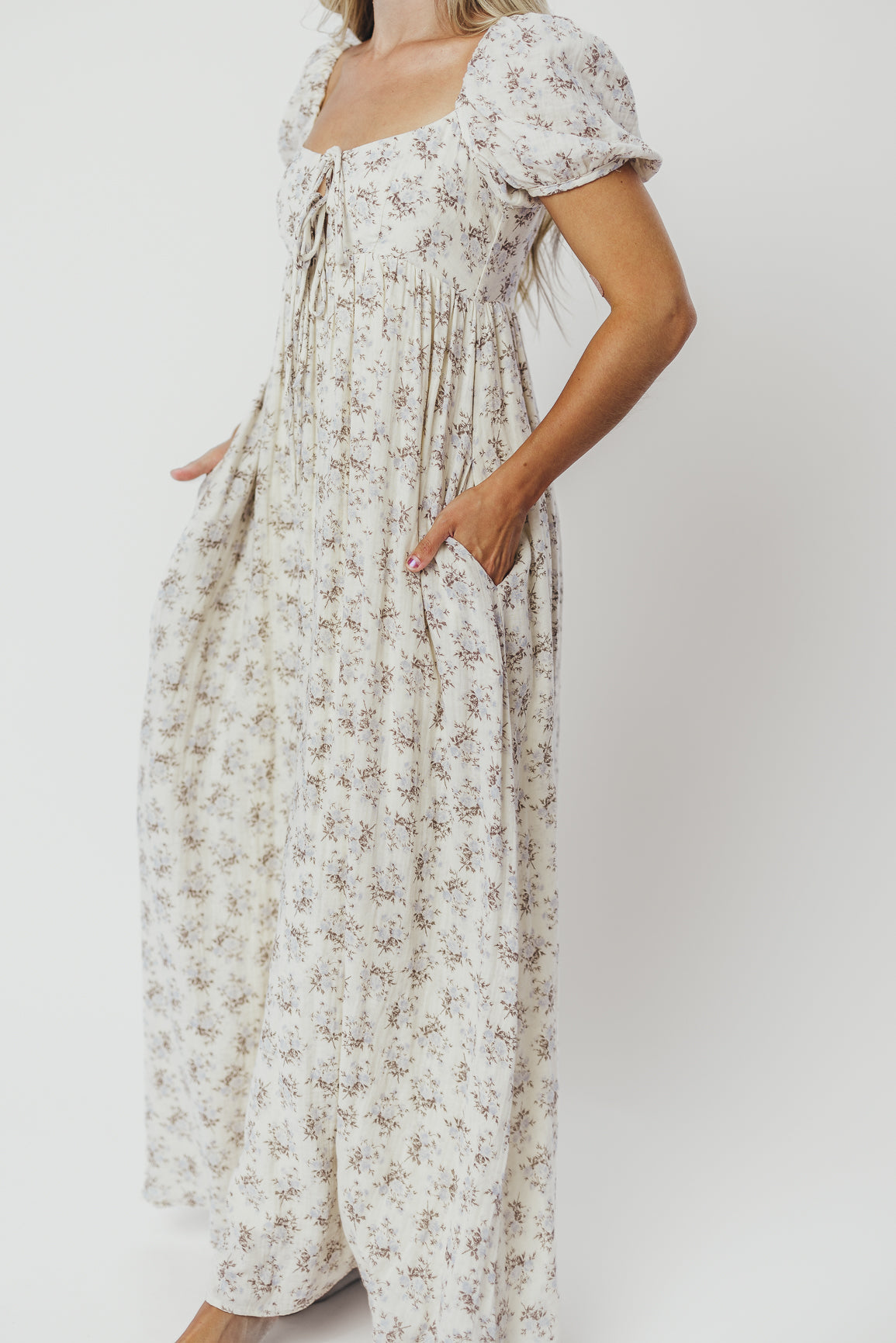 Haven 100% Cotton Tie-Front Maxi Dress in Blue/Brown Floral - Bump Friendly