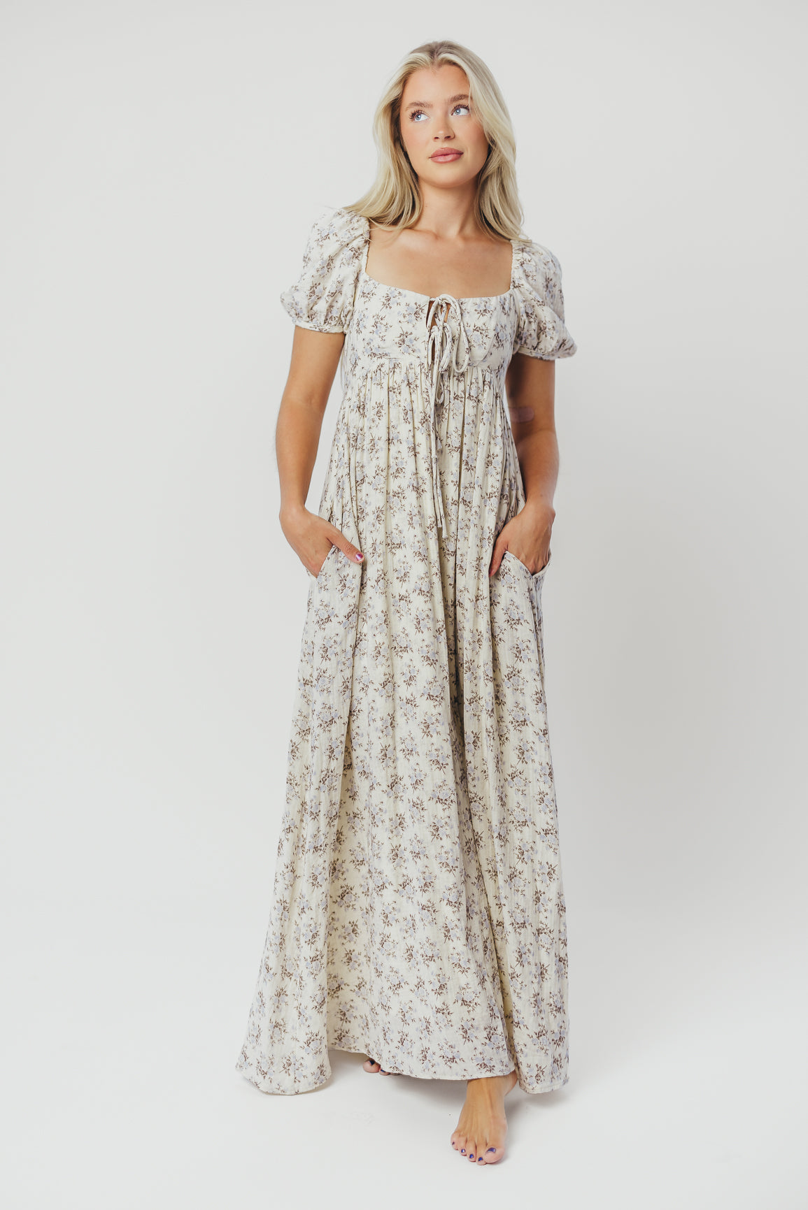 Haven 100% Cotton Tie-Front Maxi Dress in Blue/Brown Floral - Bump Friendly