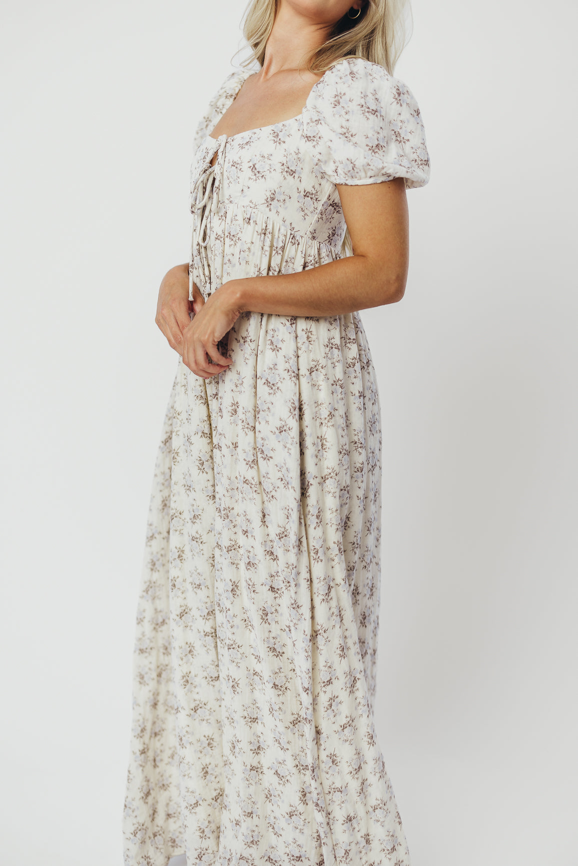 Haven 100% Cotton Tie-Front Maxi Dress in Blue/Brown Floral - Bump Friendly