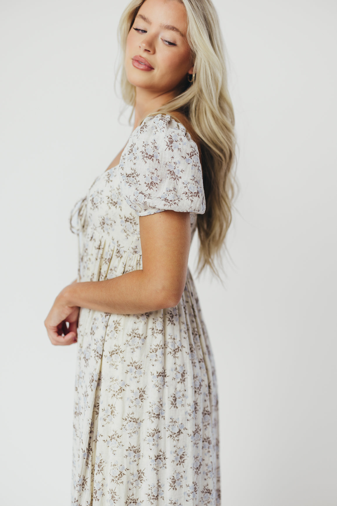 Haven 100% Cotton Tie-Front Maxi Dress in Blue/Brown Floral - Bump Friendly