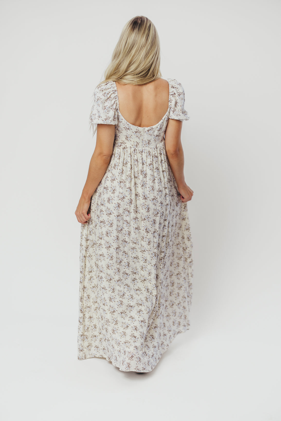 Haven 100% Cotton Tie-Front Maxi Dress in Blue/Brown Floral - Bump Friendly
