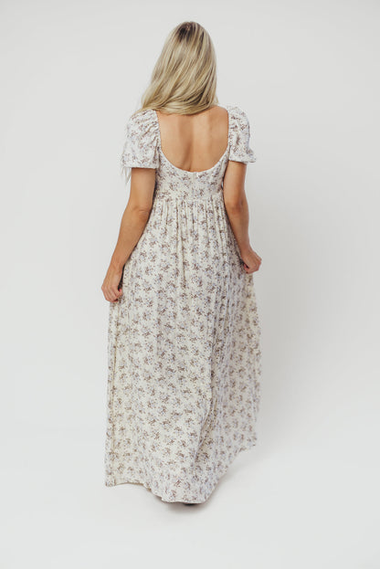 Haven 100% Cotton Tie-Front Maxi Dress in Blue/Brown Floral - Bump Friendly