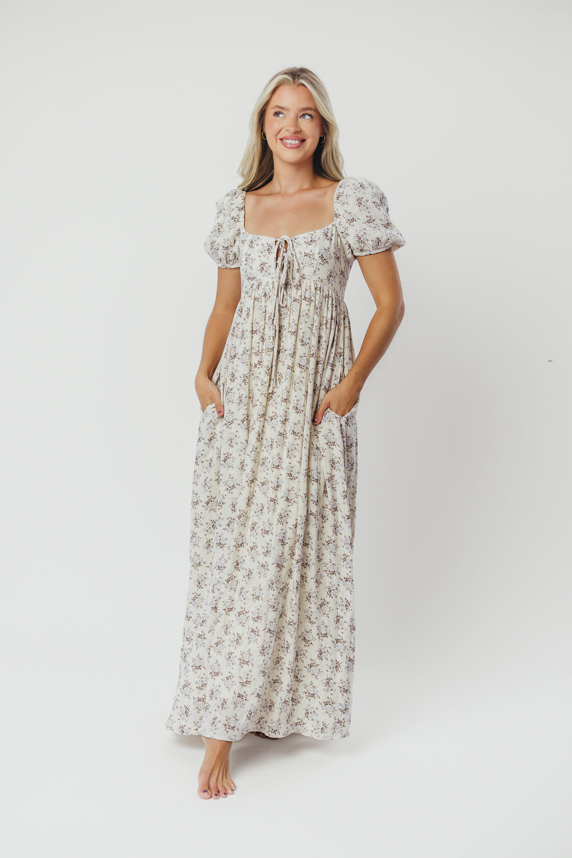 Haven 100% Cotton Tie-Front Maxi Dress in Blue/Brown Floral - Bump Friendly