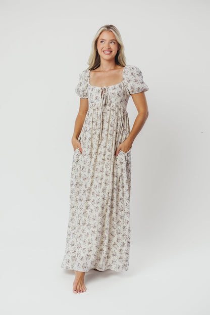 Haven 100% Cotton Tie-Front Maxi Dress in Blue/Brown Floral - Bump Friendly
