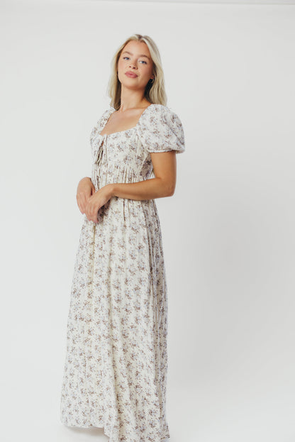 Haven 100% Cotton Tie-Front Maxi Dress in Blue/Brown Floral - Bump Friendly