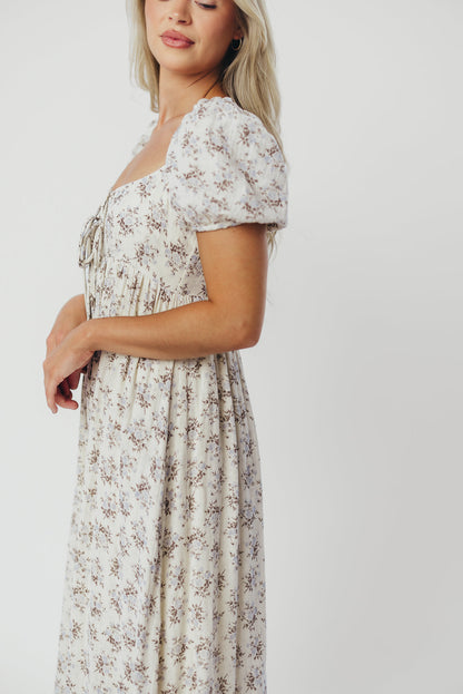Haven 100% Cotton Tie-Front Maxi Dress in Blue/Brown Floral - Bump Friendly