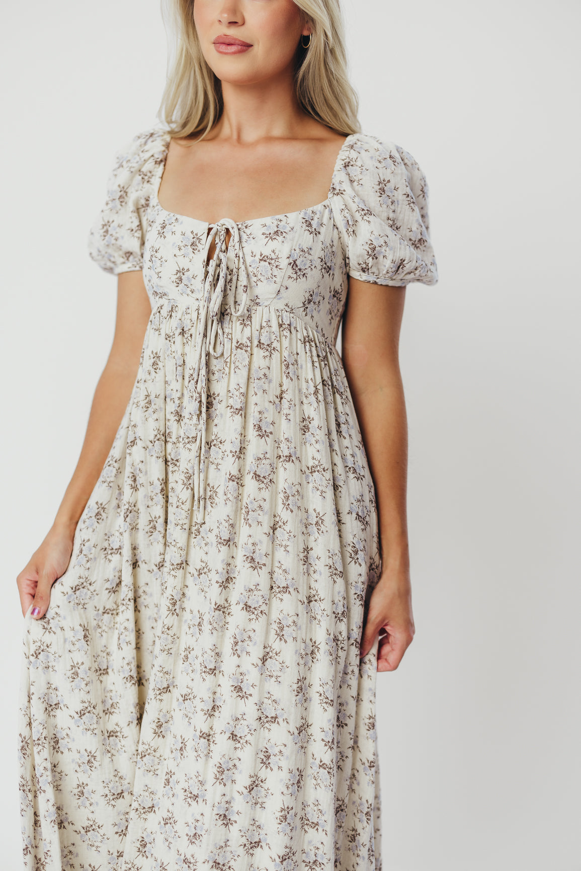 Haven 100% Cotton Tie-Front Maxi Dress in Blue/Brown Floral - Bump Friendly