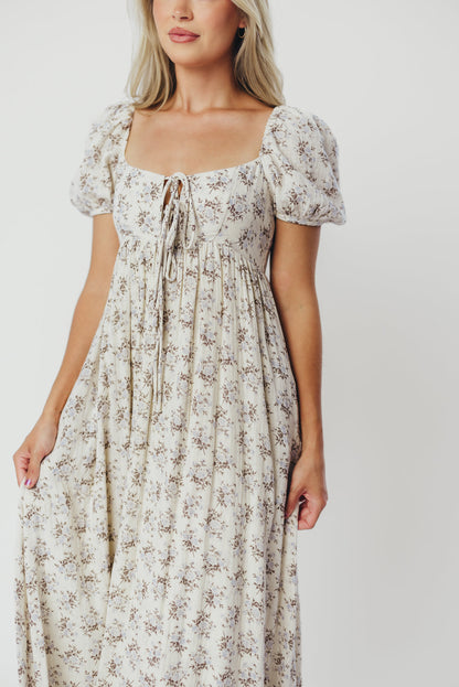 Haven 100% Cotton Tie-Front Maxi Dress in Blue/Brown Floral - Bump Friendly