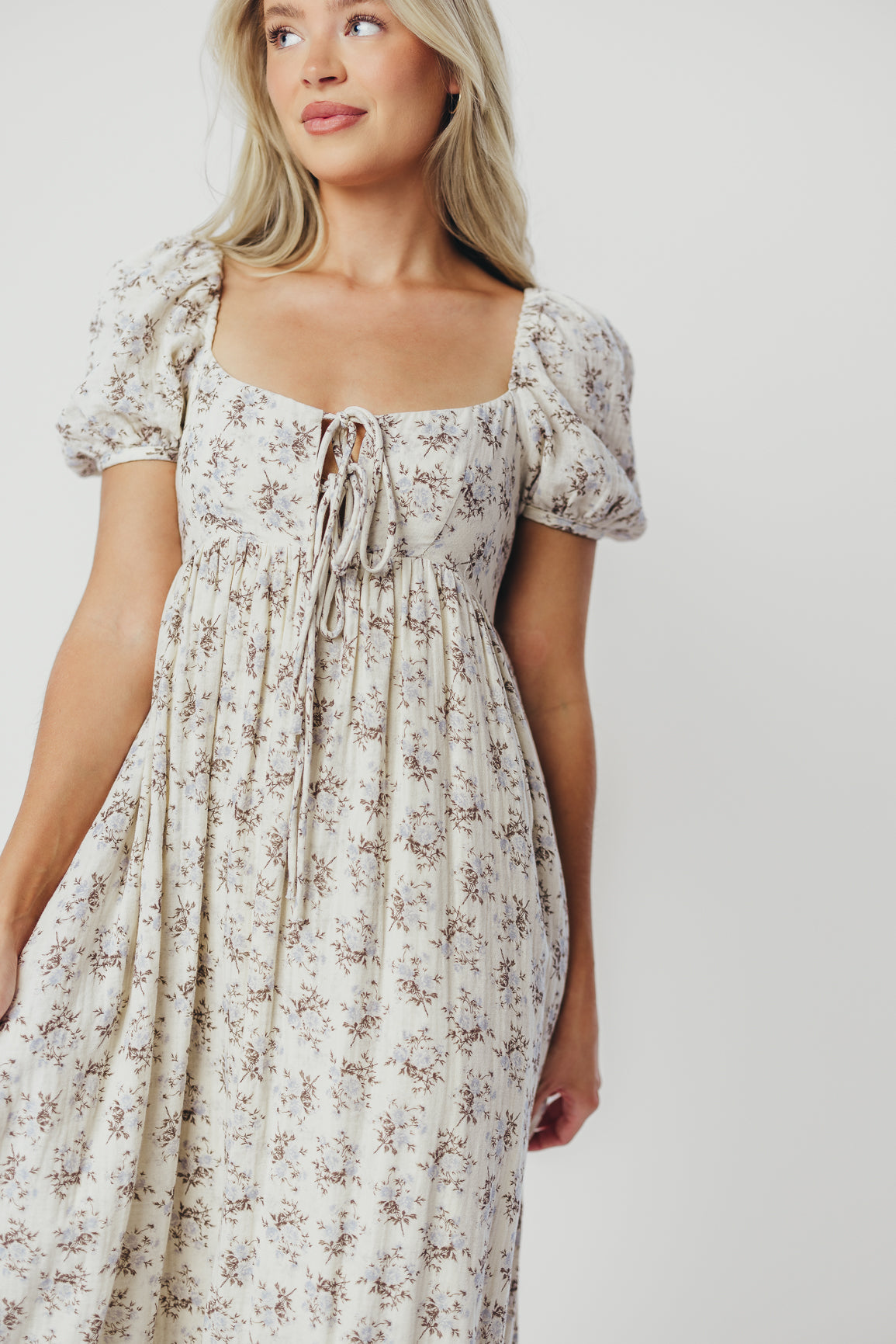 Haven 100% Cotton Tie-Front Maxi Dress in Blue/Brown Floral - Bump Friendly