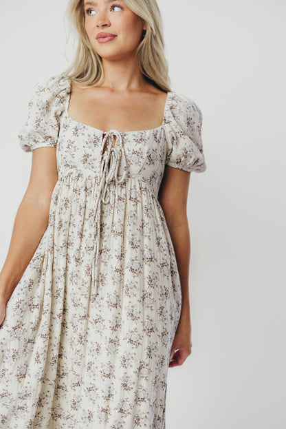 Haven 100% Cotton Tie-Front Maxi Dress in Blue/Brown Floral - Bump Friendly