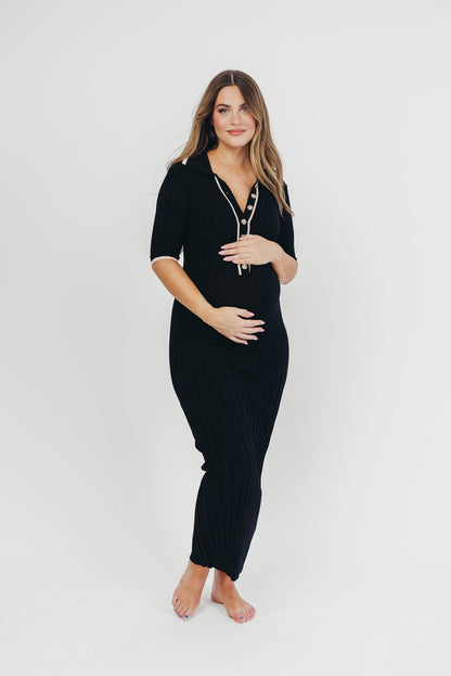 Addie Ribbed Button-Down Maxi Dress in Black - Nursing and Bump Friendly