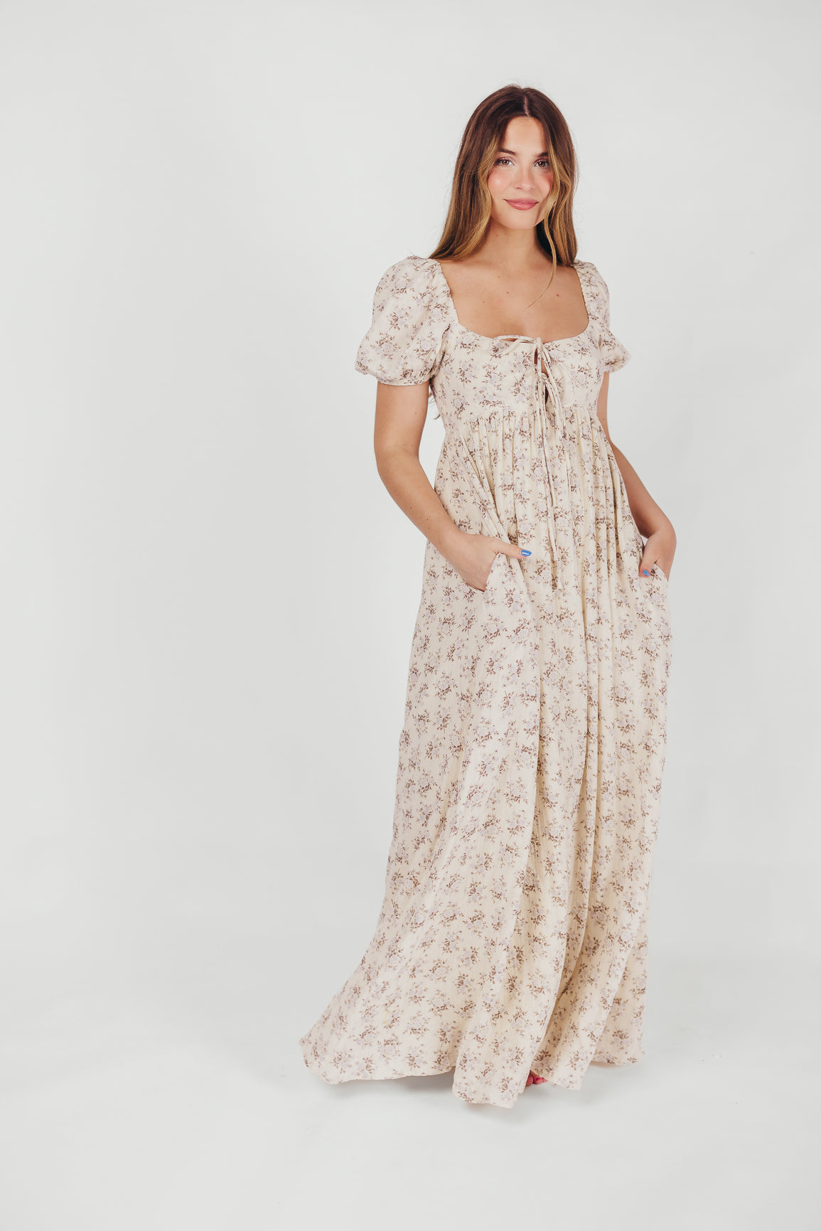 Haven 100% Cotton Tie-Front Maxi Dress in Blue/Brown Floral - Bump Friendly