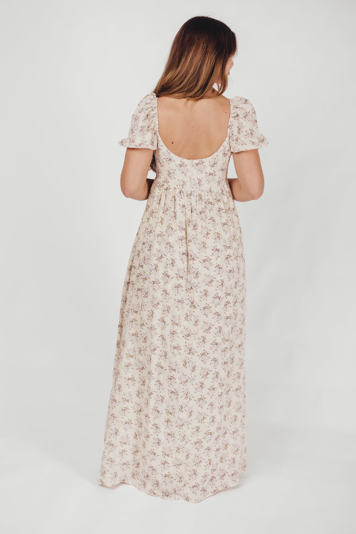 Haven 100% Cotton Tie-Front Maxi Dress in Blue/Brown Floral - Bump Friendly