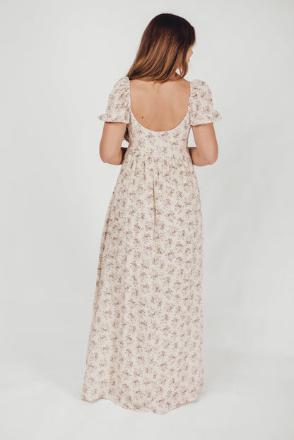 Haven 100% Cotton Tie-Front Maxi Dress in Blue/Brown Floral - Bump Friendly