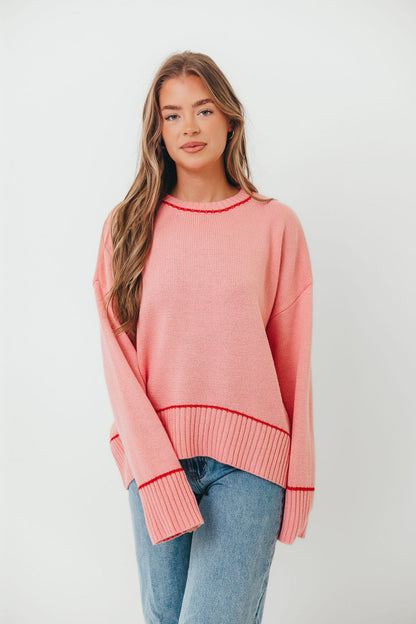 Alessia Contrast Detail Drop Shoulder Sweater in Pink/Red