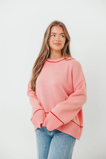 Alessia Contrast Detail Drop Shoulder Sweater in Pink/Red
