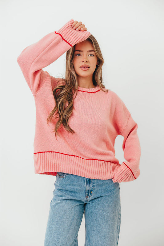 Alessia Contrast Detail Drop Shoulder Sweater in Pink/Red