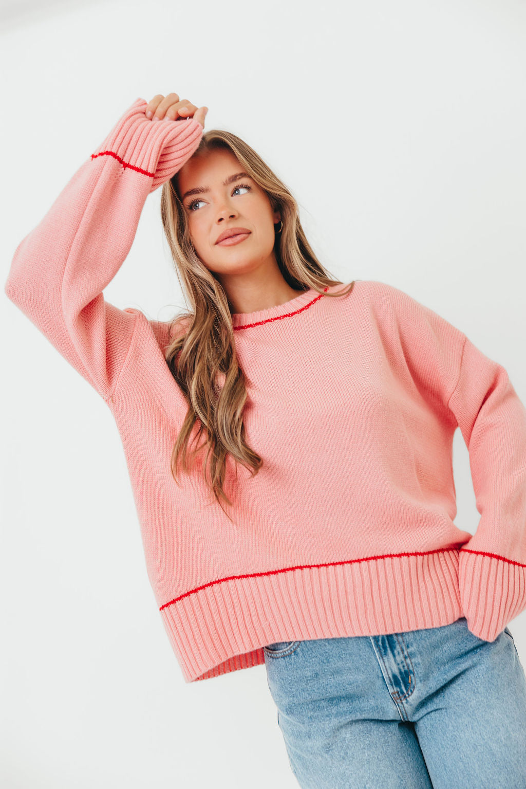 Alessia Contrast Detail Drop Shoulder Sweater in Pink/Red