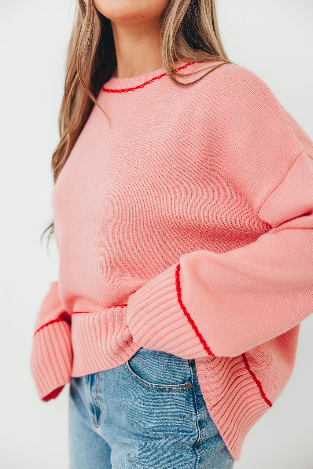 Alessia Contrast Detail Drop Shoulder Sweater in Pink/Red