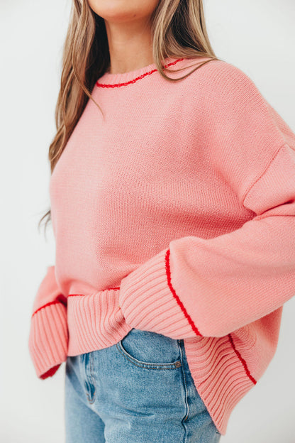 Alessia Contrast Detail Drop Shoulder Sweater in Pink/Red