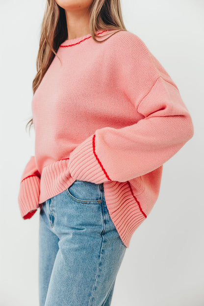 Alessia Contrast Detail Drop Shoulder Sweater in Pink/Red