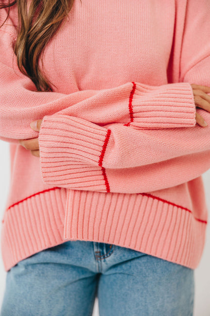 Alessia Contrast Detail Drop Shoulder Sweater in Pink/Red