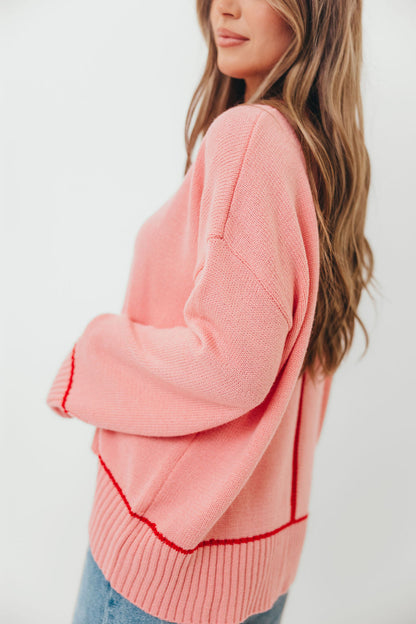 Alessia Contrast Detail Drop Shoulder Sweater in Pink/Red
