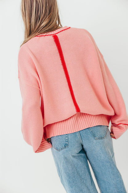 Alessia Contrast Detail Drop Shoulder Sweater in Pink/Red