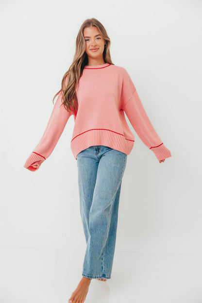 Alessia Contrast Detail Drop Shoulder Sweater in Pink/Red