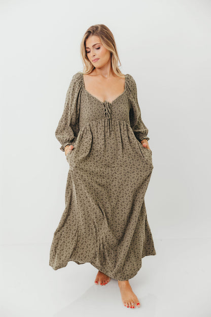 Cecilia 100% Cotton Smocked Maxi Dress in Olive Foliage - Bump Friendly
